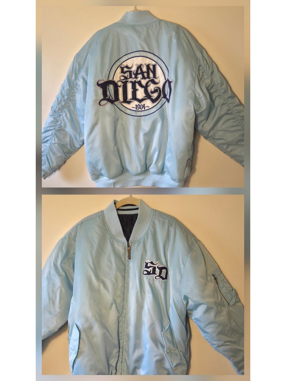 San Diego Jacket Adult L Nylon Reversible Quilted Light Blue To Black Appliqués